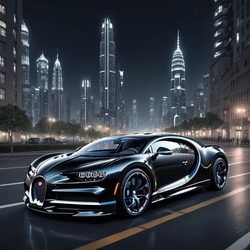 Prompt: A lively night metropolis city with so many black Bugatti Chiron on the road , a lot of tall, futuristic skyscrapers