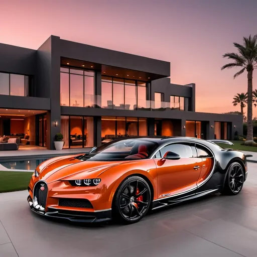 Prompt: Ten black mix with red Bugatti Chiron Super Sport 300+ parking next to each other in a line in a massive yard of a luxurious and modern penthouse. Sunset