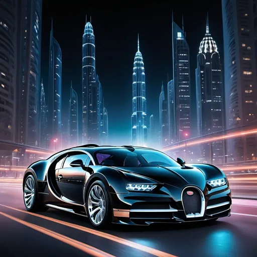 Prompt: A lively night metropolis city with 5 black Bugatti Chiron on the road , a lot of tall, futuristic skyscrapers