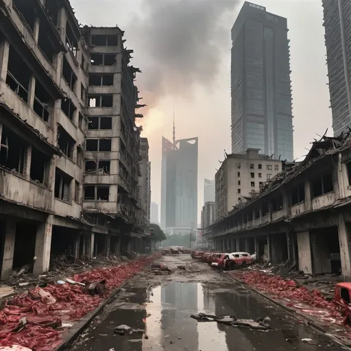 Prompt: Extremely destroyed city, badly destroyed skyscrapers, road, smashed buildings at the sides. Rotting human corpses all over the place, headless, entrails hanging out, terror, gore, bloody buildings, lots of skyscrapers, eerie atmosphere, pretty dark sky, raining heavily. Shanghai city. A lot of dead bodies lying on the ground, extremely bloody and disgusting. Fire burning everywhere in the buildings, the air is foggy and dark. The sky is dark and eerie, extremely eerie. Smoke on the roof of burning buildings. It’s in the night, the sky is black. The skyscrapers are seriously damaged.