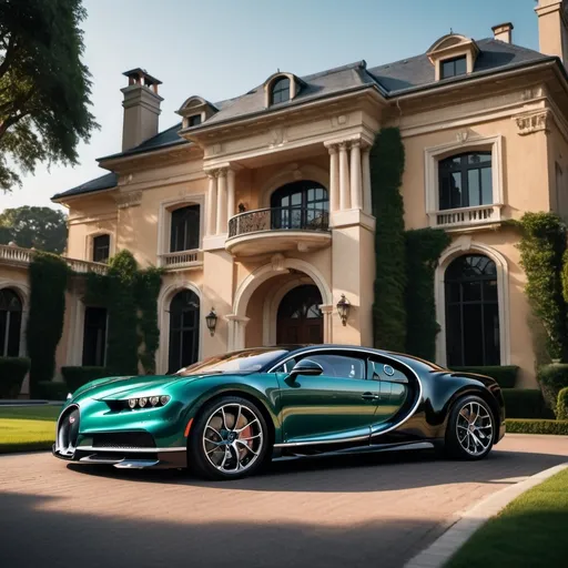 Prompt: (Three black Bugatti Chiron parking next to each other), luxurious and massive mansion, (opulent architecture), immaculately manicured lawn, grand entrance, elegant design, late afternoon sunlight casting dramatic shadows, vibrant emerald greenery, warm hues reflecting from the mansion, (high contrast), (4K), ultra-detailed, sophisticated ambiance, (rich textures) creating a cinematic and glamorous scene.