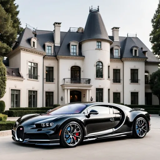 Prompt: A black Bugatti Chiron parking in front of a massive and luxurious mansion