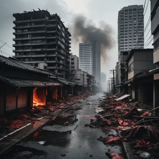 Prompt: Extremely destroyed city, badly destroyed skyscrapers, road, smashed buildings at the sides. Rotting human corpses all over the place, headless, entrails hanging out, terror, gore, bloody buildings, lots of skyscrapers, eerie atmosphere, pretty dark sky, raining heavily. Tokyo city. A lot of dead bodies lying on the ground, extremely bloody and disgusting. Fire burning everywhere in the buildings, the air is foggy and dark. The sky is dark and eerie, extremely eerie. Smoke on the roof of burning buildings. It’s in the night, the sky is black.
