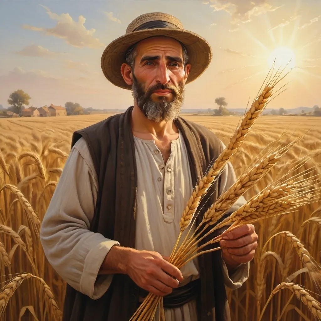 Prompt: Jew from Mishnah era collecting wheat stalks, oil painting, ancient setting, detailed clothing and facial features, warm and natural lighting, high quality, realistic, historical, harvest scene, ancient attire, serene atmosphere, traditional, golden hour lighting