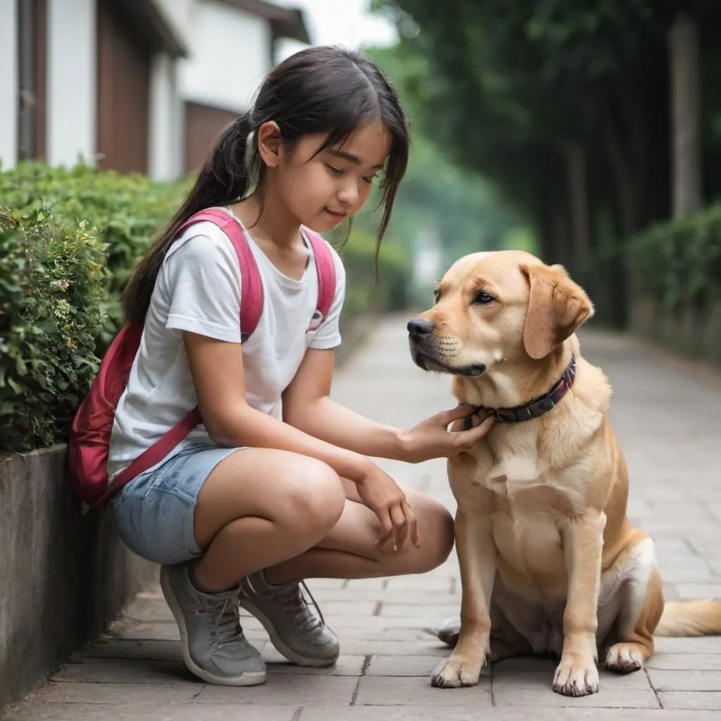 Prompt: girl is take care of the dog