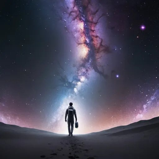 Prompt: man walking through the galaxy, POD, clean background