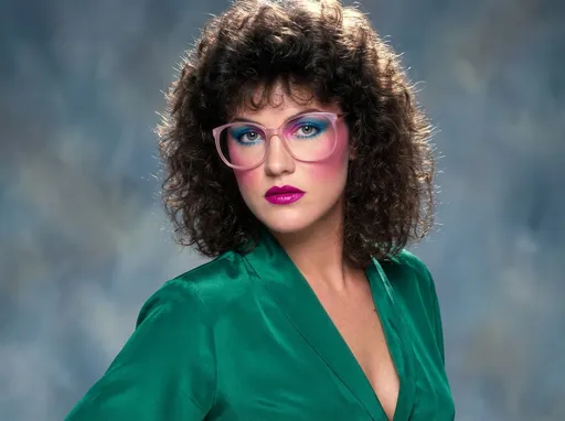 Prompt: A photorealistic feminine photo in the style of 1985. The subject has voluminous, permed hair with a lot of height, a classic mid-80s style. She is wearing bold 1980s makeup, including bright blue and pink eyeshadow, heavy pink blush, and vibrant magenta lipstick. She is dressed in a low-cut silk blouse. The background is a soft-focus studio backdrop in muted blue and gray tones with professional studio lighting that highlights the texture of her hair.