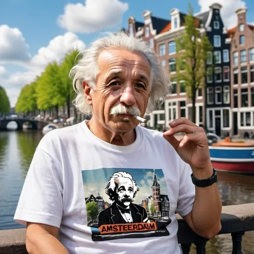 Prompt: Einstein wearing amsterdam t shirt smoking a joint in the city of amsterdam ,on the background you see Amsterdam canalhouses and tourist boat.