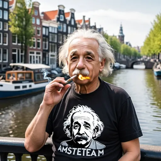 Prompt: Einstein wearing amsterdam t shirt smoking a joint in the city of amsterdam ,on the background you see Amsterdam canalhouses and tourist boat.