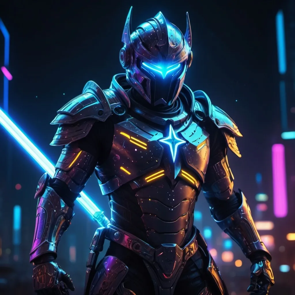 Prompt: Star knight with glowing sword and cyberpunk armor