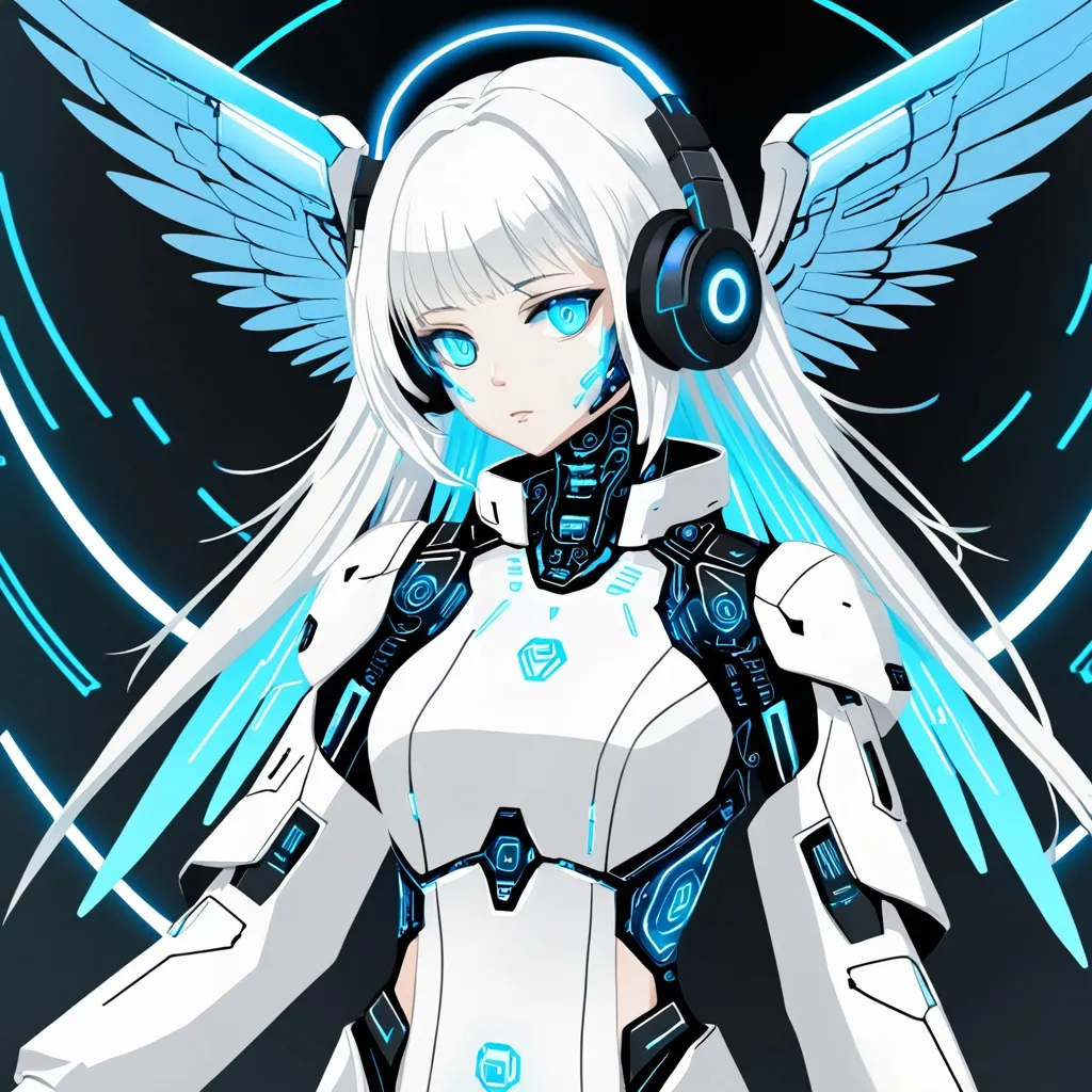 Prompt: Cybernetic angel girl with white hair, white clothes, blue eyes, blue wings, blue halo, and black headphones.