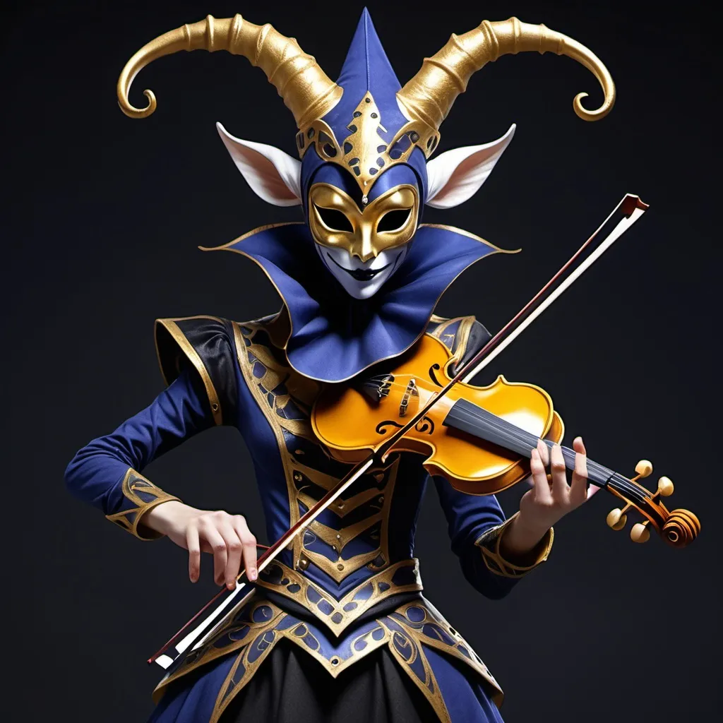 Prompt: Dark fairy jester, horned hat, golden mask, black and indigo clothing, playing violin, belt with mask and deck of cards