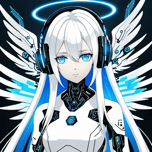 Prompt: Cybernetic angel girl with long white hair, white clothes, blue eyes, blue wings, blue halo, and black headphones.