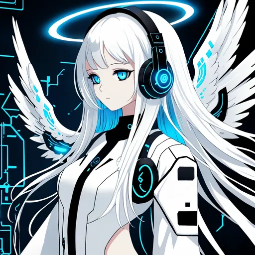 Prompt: Cybernetic angel girl with long white hair, white clothes, blue eyes, blue wings, blue halo, and black headphones.