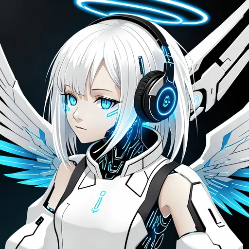 Prompt: Cybernetic angel girl with white hair, white clothes, blue eyes, blue wings, blue halo, and black headphones.