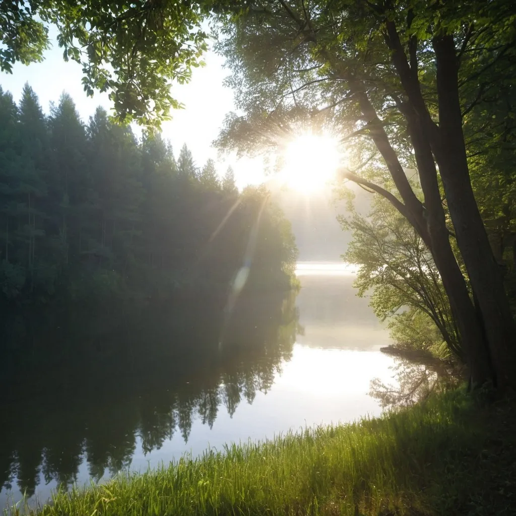 Prompt: Early morning sun rays in nature with lake 