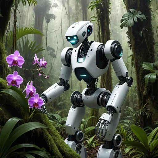 Prompt: a robot searching for orchids in the rainforest