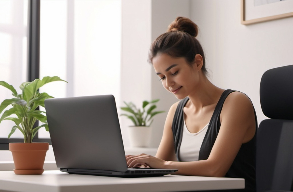 Prompt: A user working on a laptop, (ergonomic workspace), an elevating monitor easing neck strain, a (content) expression on their face, emphasizing relief and happiness, warm soft lighting, (comfortable) setting with plants and minimalistic decor, focused on health and well-being, 4K, ultra-detailed, showcasing a balanced lifestyle.