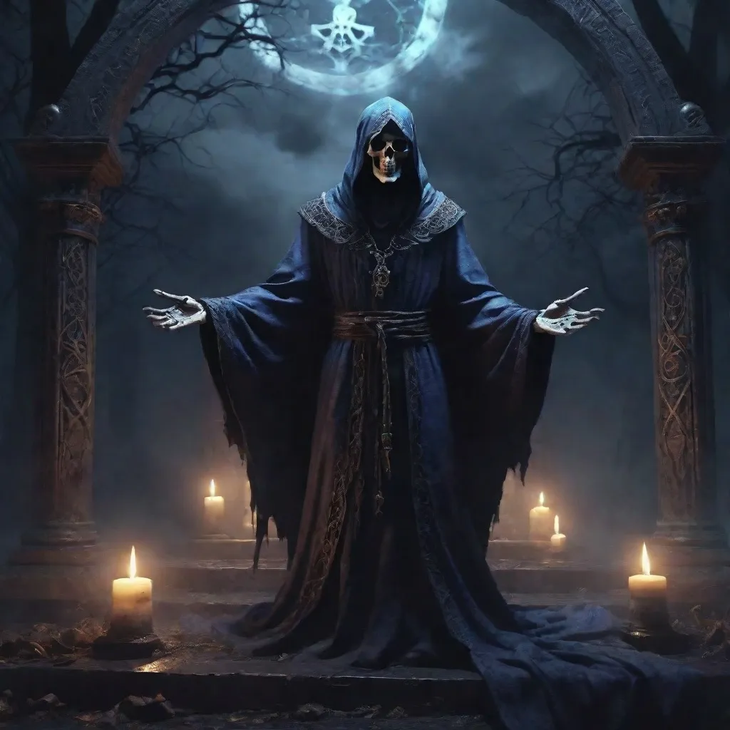 Prompt: Necromantic Arch Mage summoning a glowing skull, cloaked figure among dark swirling shadows, eerie midnight blue tones, moonlight illuminating sinister runes on the ground, surrounded by swirling mist, high fantasy setting, captivating horror vibe, high detail, ultra-detailed, 4K, atmospheric and mysterious ambiance.