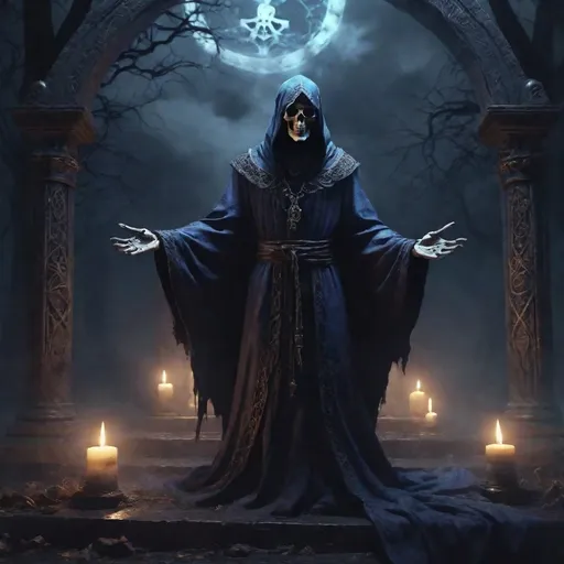 Prompt: Necromantic Arch Mage summoning a glowing skull, cloaked figure among dark swirling shadows, eerie midnight blue tones, moonlight illuminating sinister runes on the ground, surrounded by swirling mist, high fantasy setting, captivating horror vibe, high detail, ultra-detailed, 4K, atmospheric and mysterious ambiance.