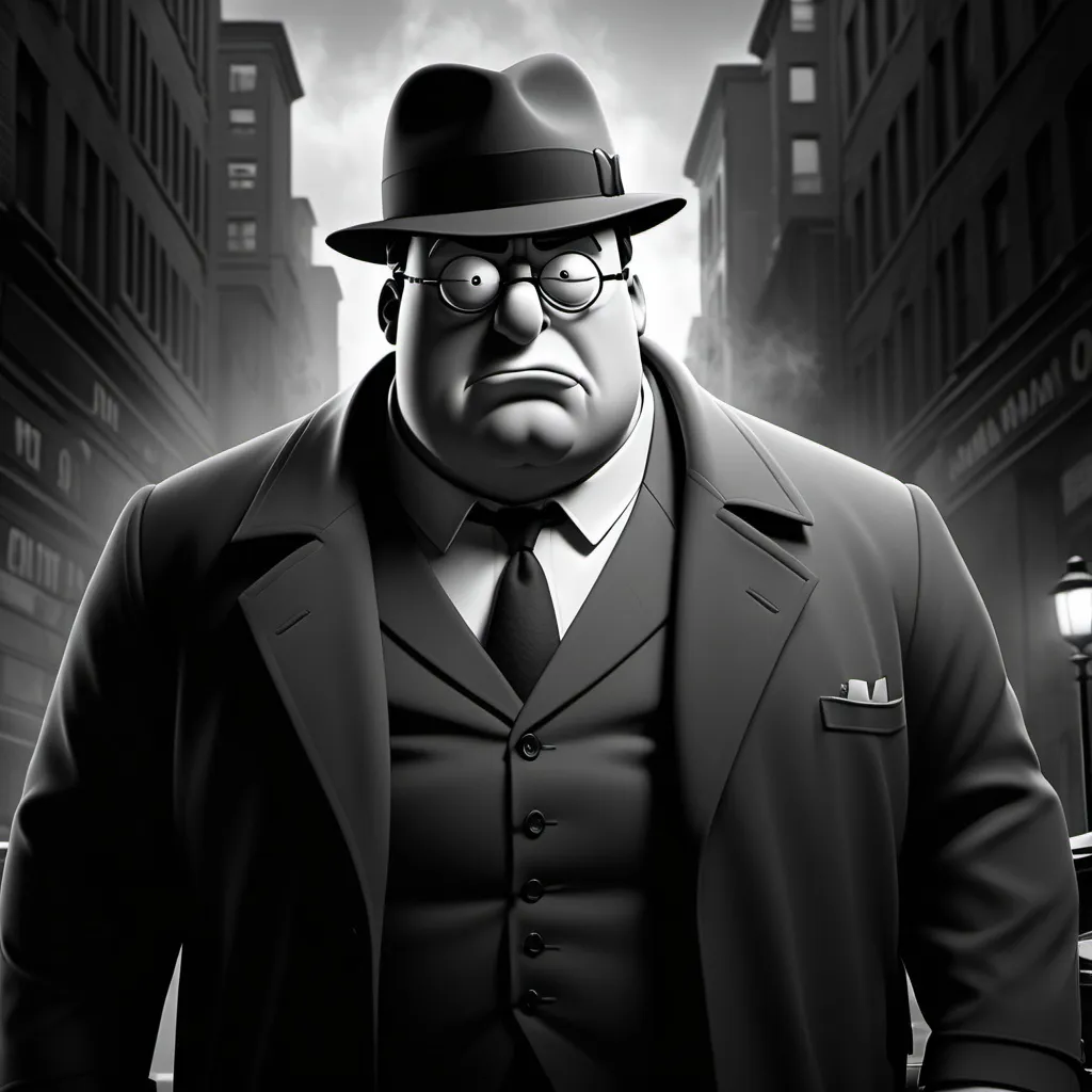 Prompt: create a 1920x1080 picture of a detective version of peter griffin noir style