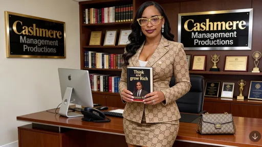 Prompt: the  women is in her up scale  business office  standing in front of her desk that contains a computer and a business phone.  She is holding a book called Think and grow Rich  by Napoleon Hill.  She is wearing gold frame designer glasses with the word GUCCI each letter etched out for the beginning of the glasses temple. She is also wearing  a beautiful Gucci print skirt suit that covers her stomach and  that matches her purse sitting on her desk next to her . Behind  her is a library of books  plaques and awards  she has won and a  black goldn and silver sign that reads the name of her business: Cashmere Management  Productions. 