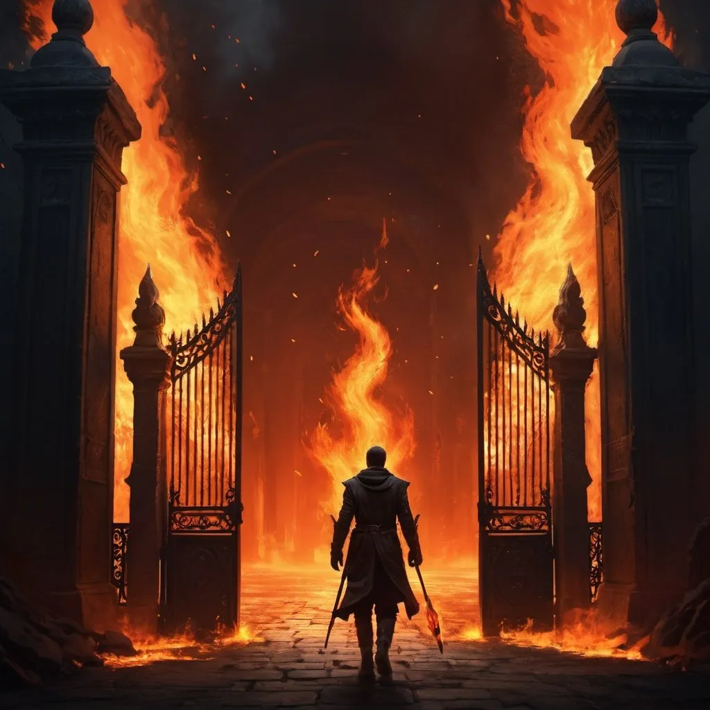 Prompt: A man walks through the gate，flaming background，The Lost Gate of the Domain of Fire，dramatically art，dark cinematic concept art，Epic digital art，epic cinematic concept art，digital painting concept art