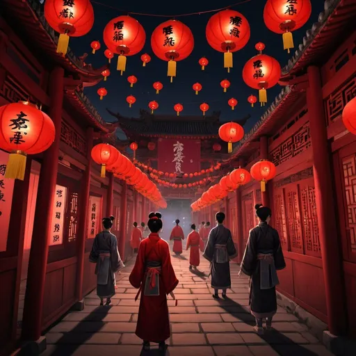 Prompt: Middle Metaverse，Chinese Ghost Festival，Hyakki Night Line，Red lanterns，The light is dim，