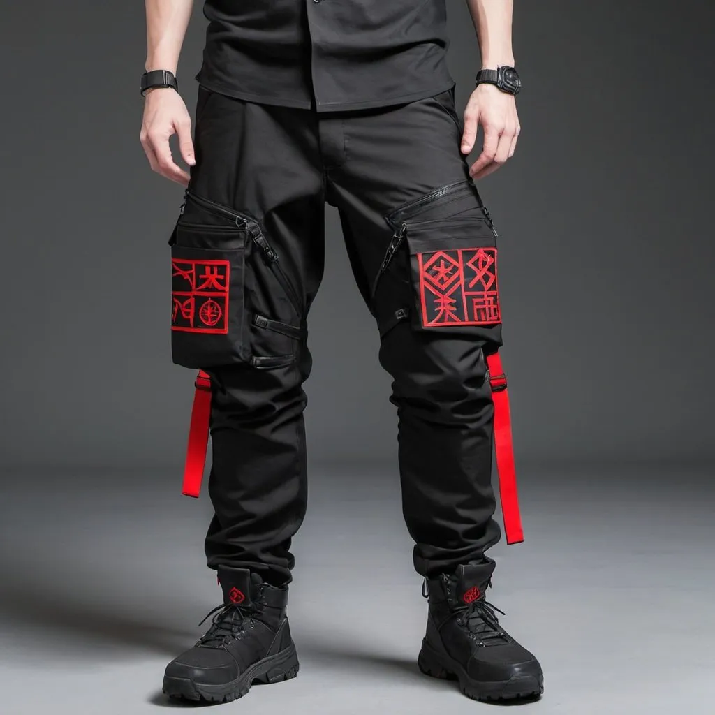 Prompt: Tech wear black pants with multipal tactical pockets for storage straps and cryptic symbols in red Japanese streat wear 