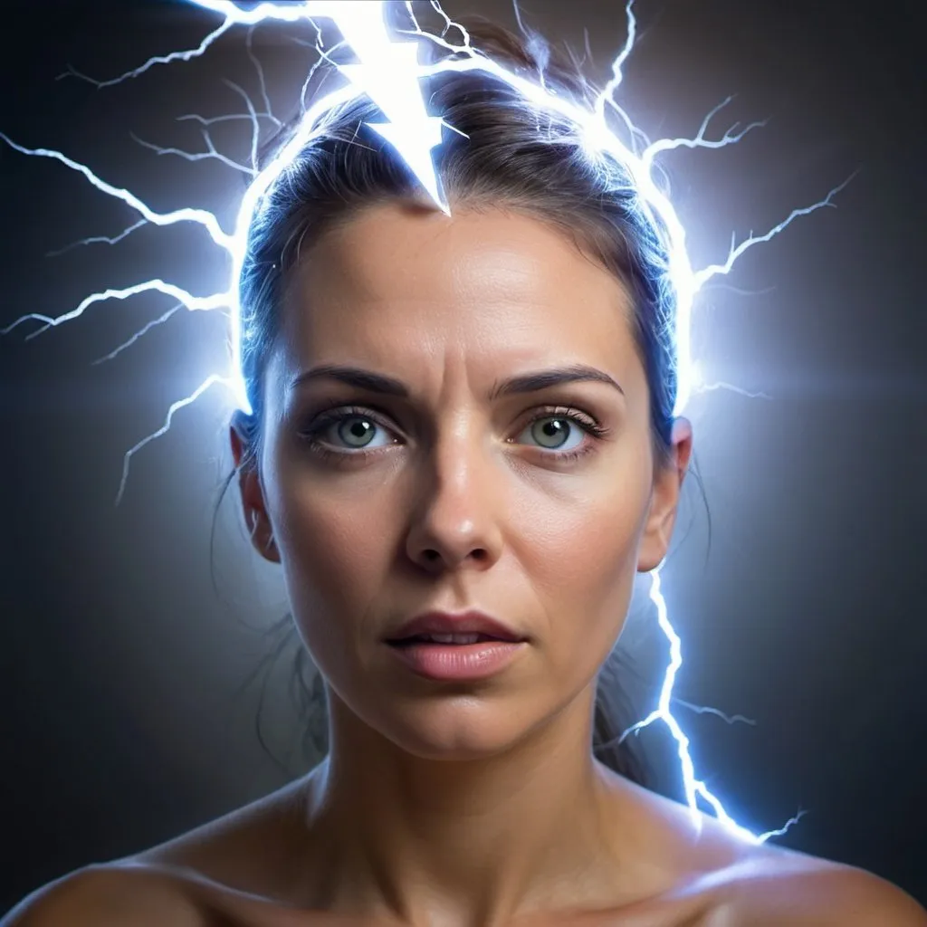 Prompt: Woman with a shiny head and a lightning bolt sticking out of her head, she is attracting lightnings, mind character, estimulante nootropic, consciousness projection, detailed glowing head, neurological marvel, sobrecarga, glowing head, circuitry visible in head, controle da mente, head exploding, tragedy of the mind - driven, neuroscience, neural, pintura fosca da mente humana