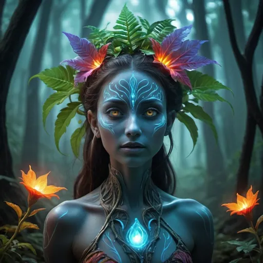 Prompt: (Best quality at best,4K,A high resolution,tmasterpiece:1.2),ultra - detailed,actual,sportrait,extraterrestial,Fire magic plant,incredible eyes,Fantasy creatures,glowing color,glowing plants,extraterrestial,flaming leaves,surreal scenery,spooky ambiance,otherworldly beauty,etherealglow,unique species,Avatar,mysterious entity,dreamlike scenes,wonderful species,an enchanted forest,otherworldly presence,a captivating gaze,unconventional look,Radiant energy,Powerful aura,Magic Essence,universe exists,Different dimension,mythical plant,Unexplained phenomena,Colorful flowers,Unleash your power,Darkness and light,Hidden secrets,Unravel the mystery,The secrets of the universe,living tmasterpiece,manifestation of magic.