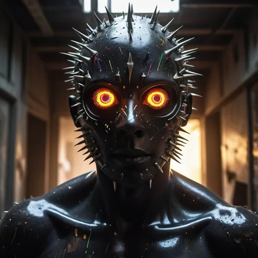 Prompt: breathtaking cinematic science fiction photo of a portrait of a blackedout non-human masked Dark figure, ghost skin, body full of spikes and glowing metrics inside, glowing multicoloured eyes, multifaceted eyes, metallic arms, inside a destroyed building, extremely menacing creature, highly detailed, award-winning