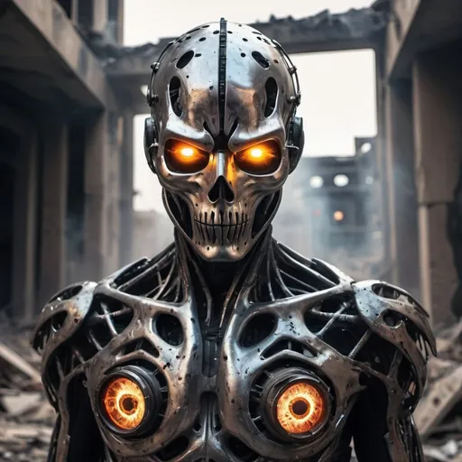 Prompt: breathtaking cinematic science fiction photo of a portrait of a non human masked Grim wrapped in universal smoke chrome metal skin, body full glowing metrics inside, glowing multicoloured eyes, multifaceted eyes, metallic arms, inside a destroyed building, extremely menacing creature, highly detailed, award-winning
