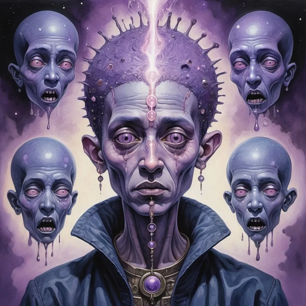 Prompt: (Dramatic Painting:2) of (Detailed illustration:2),masterpiece, best quality, (Psychic being with elongated heads and piercing mental screams. Their color palette features unnatural purples, indigos, and glowing psychic auras, creating a disconcerting and unsettling atmosphere), absurdres, intricate detailed, sharp focus, smooth, science fiction, jean-baptiste, monge, style, watercolor, painting