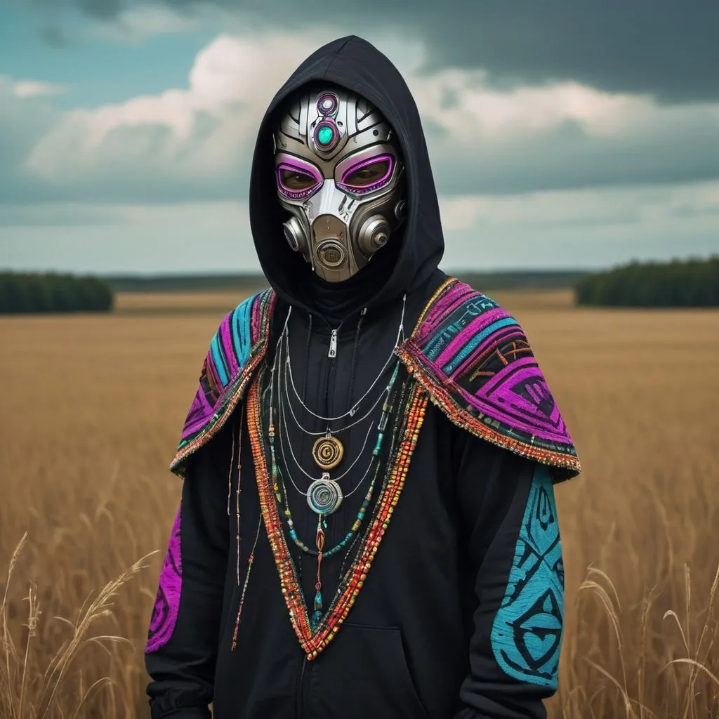 Prompt: a person standing in a field with a hood on  a cyberpunk tribal colourful mask on cyberpunk  tribal ornaments and wearing cyberpunk jwellery with a cyberpunk tribal colourful full body wear, with cyberpunk cryptics on the body wear a character portrait by Nína Tryggvadóttir, behance contest winner, neo-primitivism, apocalypse art, dystopian art, made of beads and yarn

