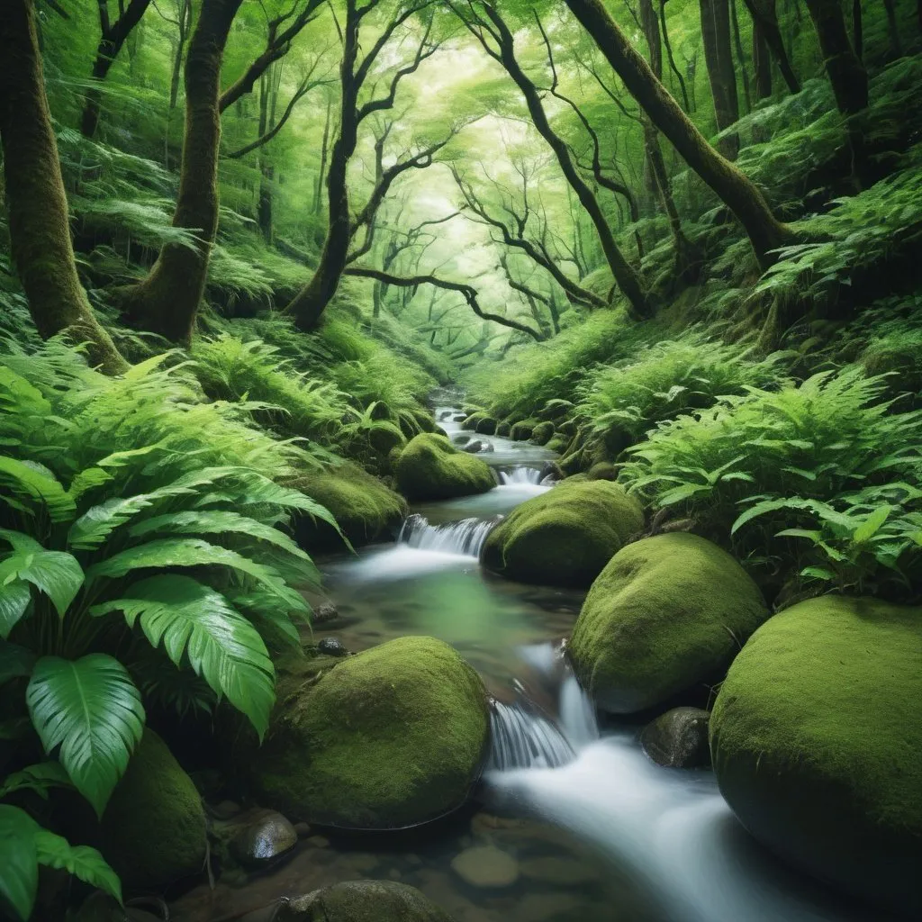 Prompt: Close-up of a stream flowing through a lush green forest, a picture by Tadashi Nakayama, unsplash contest winner, environmentart, japan lush forest, Lush green deep forest, anime lush john 8k woods, lush fairy forest, green forest, photography of enchanted forest, Lush forest, really beautiful forest, green flora forest, Deep forest, Magical environment