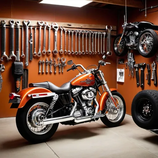 Prompt: Harley Davidson in the garage. Lots of shiny tools hanging on the wall.