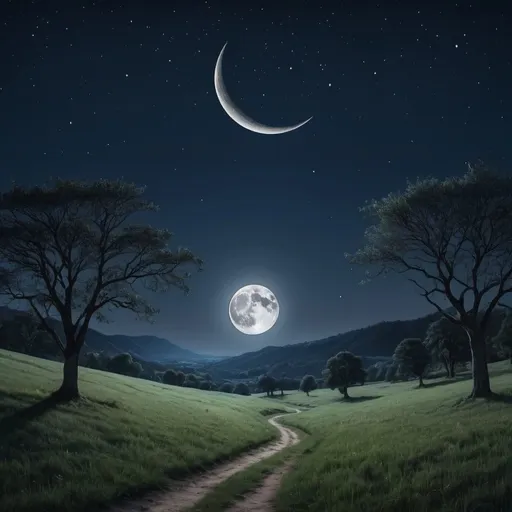 Prompt: Night landscape with the moon highlighted. The scene should depict a starry sky, where a large bright moon is positioned in the upper right corner of the image. The moon is in its crescent phase, with a significant part illuminated. The landscape in the foreground consists of an open field with tall, undulating grass. On the horizon, there is a line of dark trees, outlined against the starry sky. The night sky should be filled with bright stars forming constellations. that the image is sharp, detailed and conveys a sense of calm and tranquility by the natural beauty of the universe. Image size should be 1920 px by 1080 px