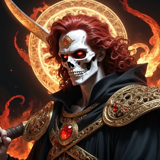 Prompt: Hades，The Grim Reaper armed with a giant scythe,（wear：black robe，），fire breathing eyes，angry expression，(hairstyle: red curly hair，)，beard, roman mythology，8k wallpaper,good quality eyes，right eye，right hand， Super detailed, beautiful and beautiful, masterpiece, best quality, (Fractal art: 1.3), mountains, Machine detailed, Dynamic angle, Cowboy shooting, The most beautiful form of chaos, elegant, brutalist design, Bright colors, , volcano,hell, bubble, shells, Blood, pearl，magma,flame, Libra, shells, skull, soul，Hold the scythe，Retro Style，（tangled，mandala，tangled，entangled）， (Fractal art: 1.3)，divine light，gold foil，gold foil艺术，flash drawing，delicate face