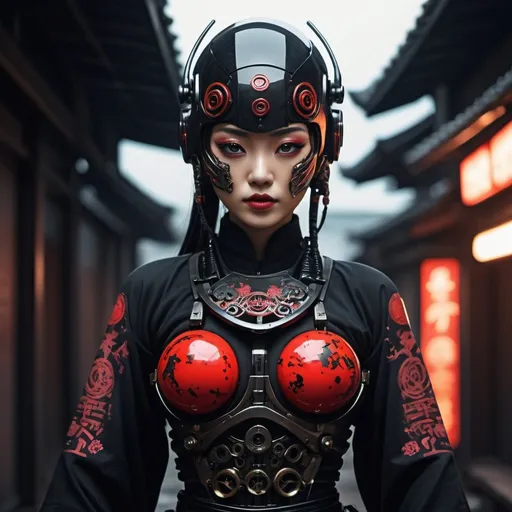 Prompt: (((Best quality))), ((masterpiece)) full body, young female Japanese femme fatale cyborg assassin, (((holding two katanas))) with a black glossy futuristic mask, dark grey metal body armour, wearing by a (((traditional black kimono embroidered in gold and red feudal Japanese symbols, neo-futuristic visual aesthetic, ((perfect robotic eyes)) ((perfect symmetry)), perfect face, perfect body, detailed white ink body art, dark palette, hint of black-neon, neo-noir Japanese, colourful tag graffiti on metal body frame and helmet, dark neo-noir cyberpunk minimalism, dieselpunk vs rococopunk, dark palette minimalism, {{dark neo-noir Japanese dark gothic art}} by ESAU, Moebius, Dan hillier, Jakub Rebelka, (((and a world-first reimagined digital Leonardo da vanci)), HQ digital matte painting, additional collaborating artist—Marcin blaszczack, trending on artstation and this is cool, the composition is dark & futuristic with a twist of retro 80’s retro & synthwave visual aesthetic, sci-fi horror, dark sci-fi horror overtones, a red moon behind dark post-apocalyptic buildings background, dark sinister clouds, dystopian vibes, a dash of (dark pulp-surrealism), hauntingly beautiful, cgsociety, lo-fi dark grungecore, black neon, apocalypse art, dystopian art, sabattier filter, cinematic lighting, dieselpunk, black ink splattering and oil colour grunge, enigmatic, forbidden art, robot erotica, perfect composition, fit in-frame, strangely ominous, nightmarefuel, intricate details,neon horror st,ory, 3d maya, unreal engine render, a dark narrative is unfolding, 4K