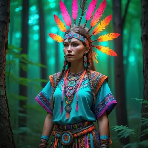 Prompt: A shaman in the forest wearing shamanic costume and ornaments study, sketch, fashion sketch, genderbend, woman, fantasy, colourfull neon uv tunic, embroidery, detail, 4k, full body, head to toe, full sketch, full outfit, standing in the forest blurry baground neon lightings in the baground