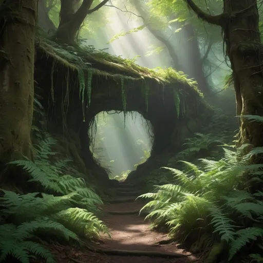 Prompt: A hidden cave entrance, camouflaged behind a tapestry of emerald green vines, ancient trees with gnarled branches, and a profusion of overgrown ferns and foliage, in a dense, misty forest, where dappled sunlight filters through the canopy above, casting intricate shadows on the forest floor, with only a faint, subtle outline hinting at the mysterious, ancient passage within, inviting exploration and discovery, created with hyper-realistic detail, complete with textures, ridges, and organic imperfections, showcasing the beauty of nature's concealment.mist and fog in the atmosphere neon glow lighting in the background