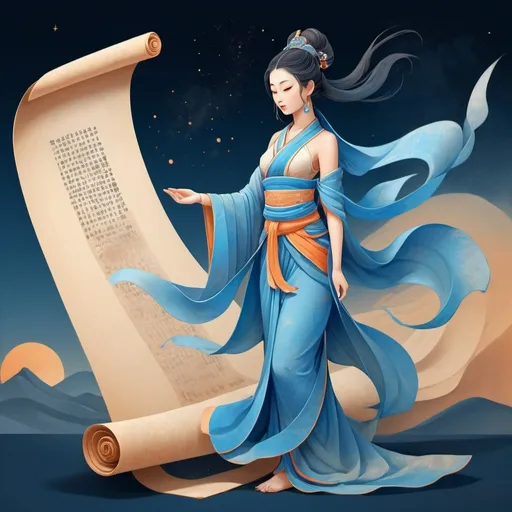 Prompt: Dunhuang art style illustration, blue tones, a tiny mysterious female figure with traditional Indonesian outfit standing on the long ancient scroll with blurred scriptures, Zen, the stars are brilliant, dazzling, light and shadow, gradient blue color, blue and orange, ancient rhyme white, super grand scenes, with fluid movements, extremely delicate brushstrokes, soft and smooth, clean background, historical paintings, 3D rendering --ar 1:4 --v 6.0 --style raw