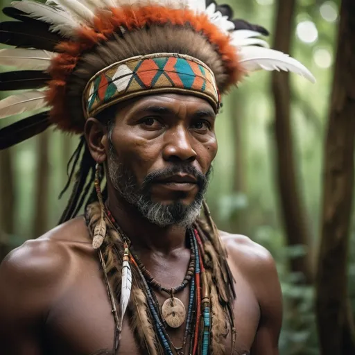 Prompt: there is a man with a feather headdress and a beard, indigenous man, ancient tribe, witch - doctor, ayahuasca shaman, african man, dramatic portraiture of namenlos, color photograph portrait 4k, 8k artistic portrait photography, anthropological photography, portrait shot, portrait shot 8 k, portrait of a forest mage, portrait of a warrior