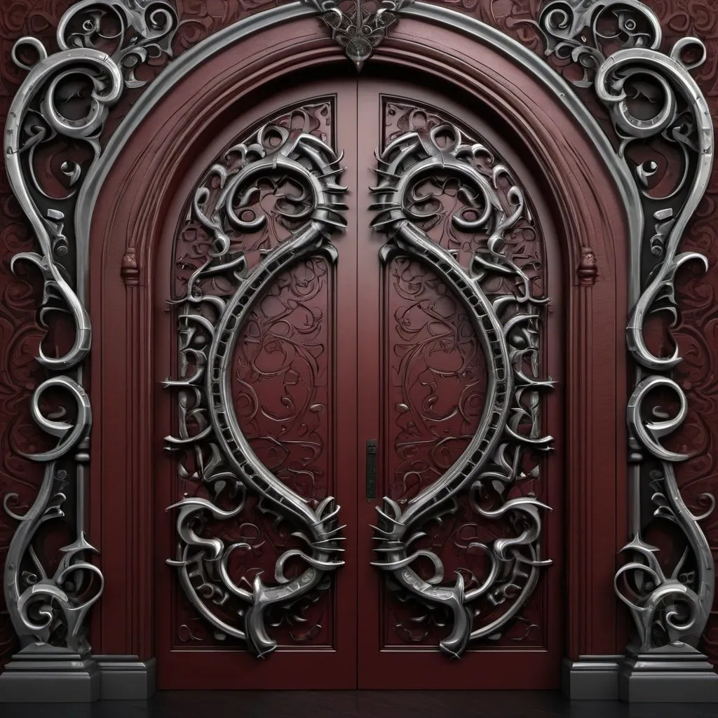 Prompt: gothic baroque design elements, ornate symmetrical patterns, fantasy door background, digital art in the style of Kienan Lafferty, inspired in the style of H.R. Giger and Michael Zooey, intricate dark red black leather with silver metal accents --ar 8:5 --s 750 --v 6.0