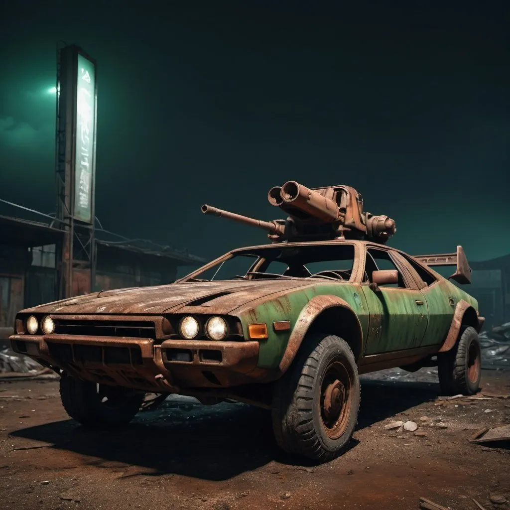 Prompt: a photo of a rusty tslas (zeekars), 3/4 front view, survival, post-apocalyptic, cyberpunk, outdoors, night, destruction, urban decay, masterpiece, photorealistic, 8k, high detail, dark theme,dark green