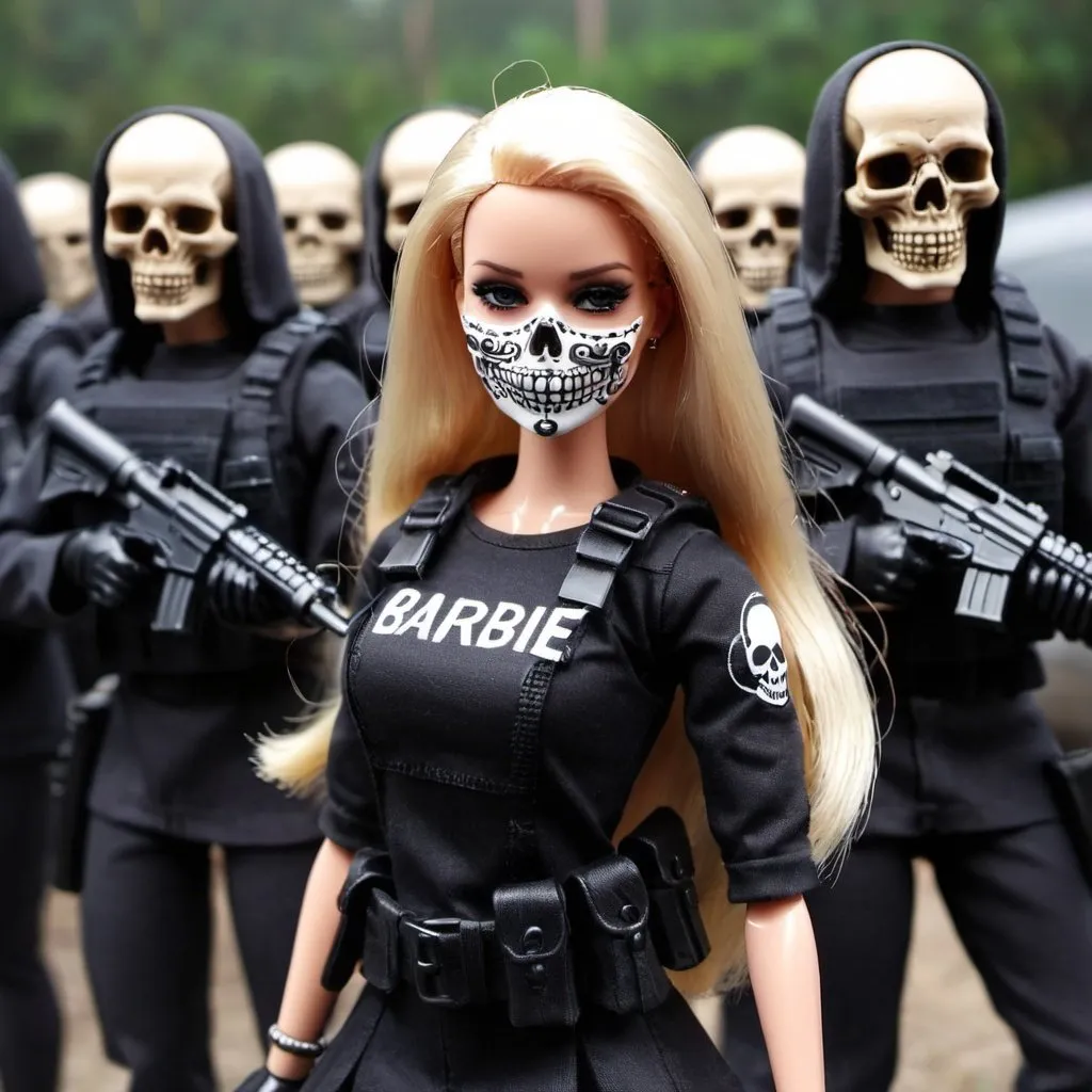 Prompt: Loiras Barbie, fofo, Girly, skull mask, armadura, army, segurando arma, The Death Squad