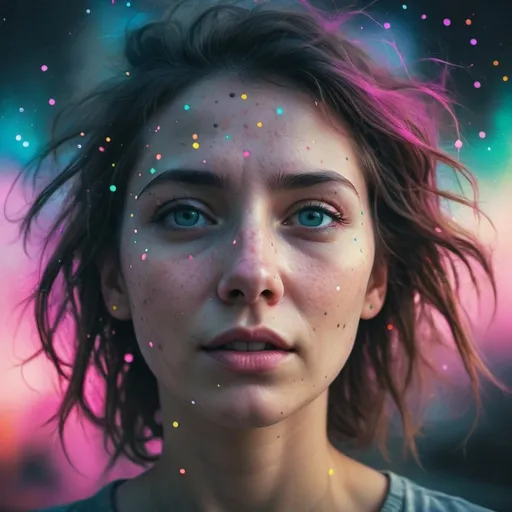 Prompt: A woman emerging from a blurry digital image, hair a chaotic mass of undefined neon colors, eyes empty voids. Sky filled with smeared dots, not stars, as she gazes forward emotionlessly. Muted, faded hues for a melancholic atmosphere --ar 16:9 --v 6.0 --style raw 