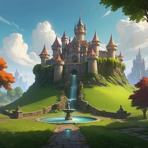 Prompt: arafed castle with a fountain in the middle of a green field, league of legends concept art, riot games concept art, unreal engine fantasy art, detailed 4k concept art, fantasyconcept art, 4 k resolution concept art, dota matte painting concept art, warcraft architecture, andreas rocha style, stunning! concept art, world of warcraft concept art