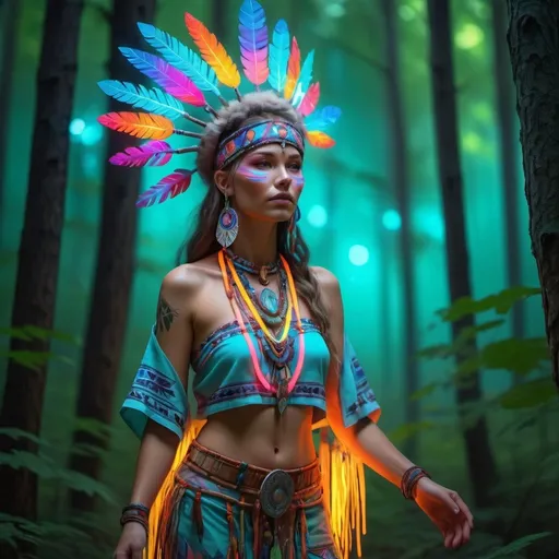 Prompt: A shaman in the forest wearing shamanic costume and ornaments study, sketch, fashion sketch, genderbend, woman, fantasy, colourfull neon uv tunic, embroidery, detail, 4k, full body, head to toe, full sketch, full outfit, standing in the forest blurry baground neon lightings in the baground